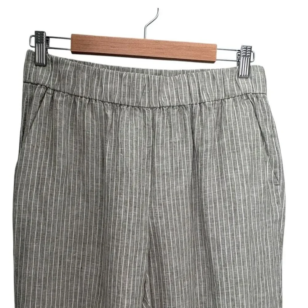 Everlane Flax Linen Size Large Green with White Strips Elastic Waistband